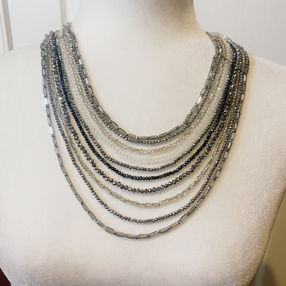 Multi-Chain Crystal Necklace In Greys And Silver Tones